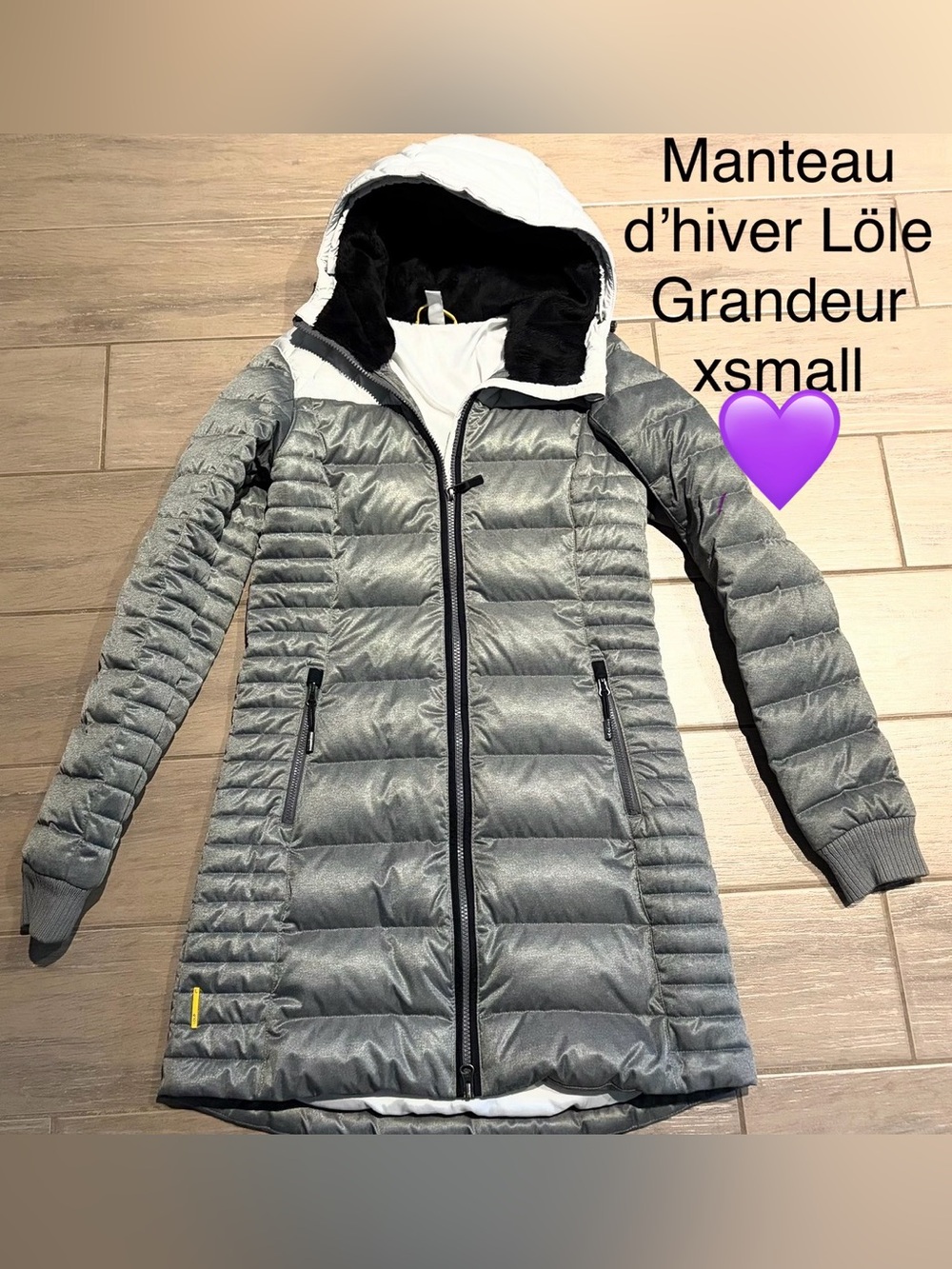 Lole Quilted Long Puffer Jacket in Light Gray with White Hood